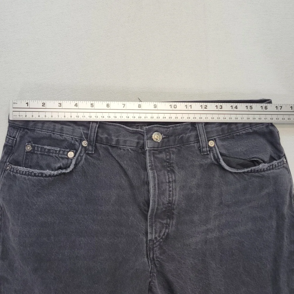 Free People Jeans Women 31 Black Straight Ankle Fray Button Fly Distressed Denim